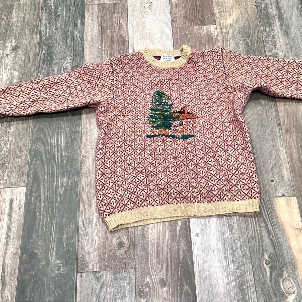 Vtg United Colors Benetton Italy Shetland Wool Sweater Embroidery Cabin In Woods